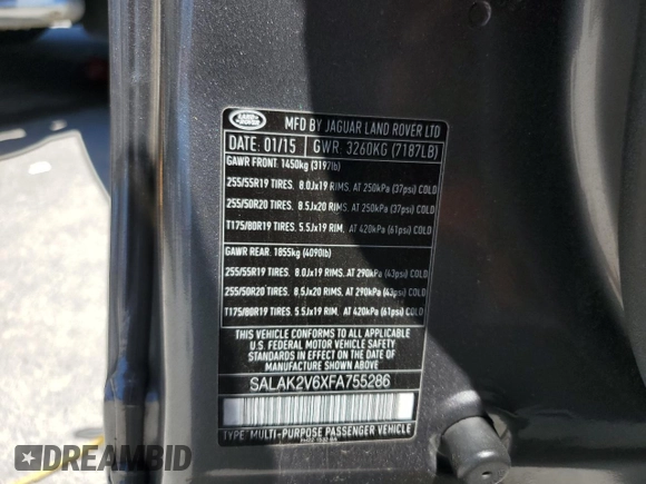2015 Land Rover LR4 Lux with VIN SALAK2V6XFA755286, listed as a Copart auction lot 57701955 with 63,669 mi miles and Salvage title. Bid and sale history available at DreamBid. Image 12.