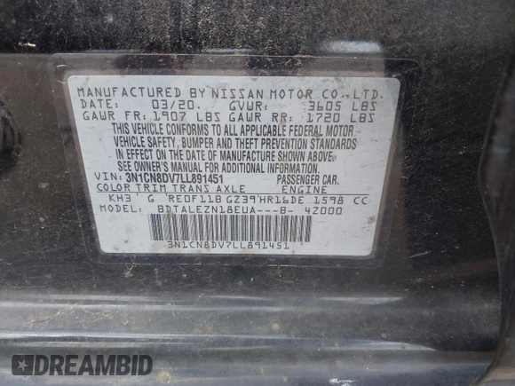2020 Nissan Versa S z VIN 3N1CN8DV7LL891451, wystawiony jako IAAI lot #41871961 z przebiegiem Nie podano mil oraz . Historia ofert i sprzedaży dostępna na DreamBid. Obrazek 9.