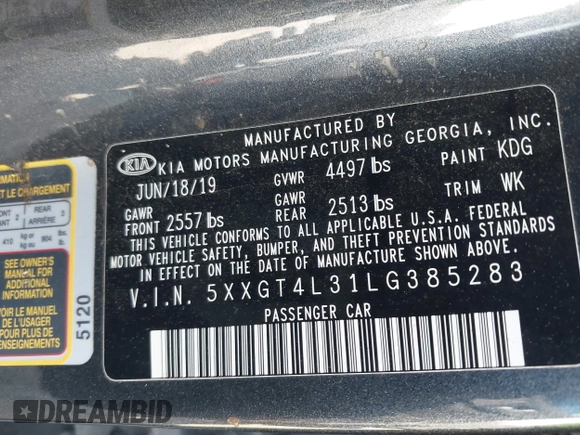 2020 Kia Optima LX with VIN 5XXGT4L31LG385283, listed as a IAAI auction lot 41803347 with 129,302 mi miles. Bid and sale history available at carsss.com. Image 9.