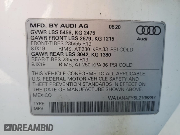 2020 Audi Q5 Premium с VIN WA1ANAFY5L2108397, выставлен на аукционе Copart как лот 62962725 с пробегом 47 467 миль миль и Списание • Salvage title. История ставок и продаж доступна на DreamBid. Изображение 14.
