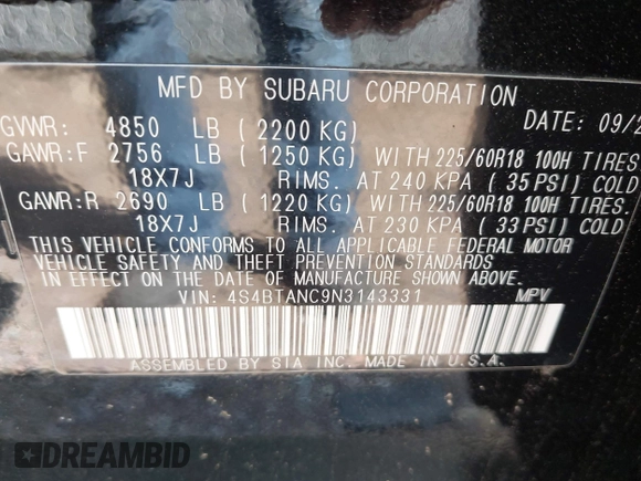2022 Subaru Outback Limited with VIN 4S4BTANC9N3143331, listed as a IAAI auction lot 42539804 with 66,515 mi miles and . Bid and sale history available at DreamBid. Image 9.