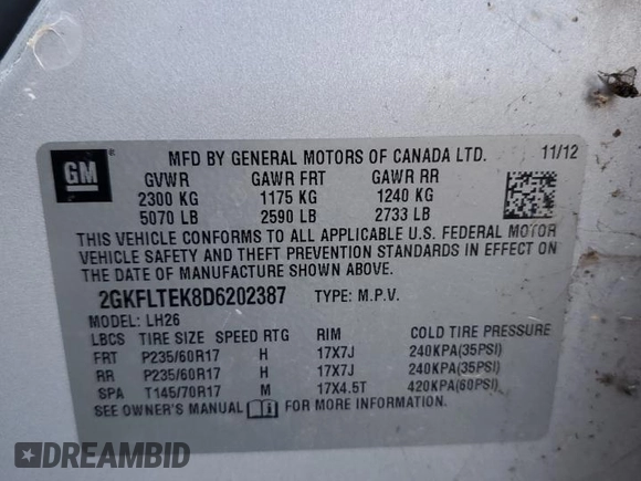 2013 GMC Terrain SLE with VIN 2GKFLTEK8D6202387, listed as a Copart auction lot 59306735 with 153,358 mi miles and Clean title. Bid and sale history available at DreamBid. Image 13.