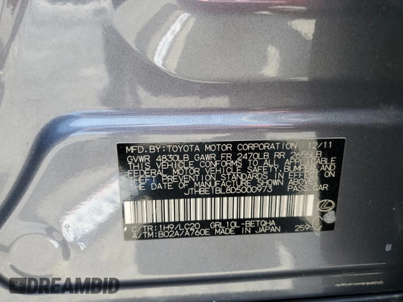 2013 Lexus GS 350 with VIN JTHBE1BL8D5000973, listed as a Copart auction lot 62224855 with 303,143 mi miles and Salvage title. Bid and sale history available at DreamBid. Image 12.