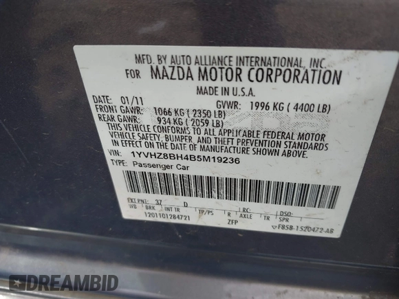 2011 Mazda Mazda6 i Sport with VIN 1YVHZ8BH4B5M19236, listed as a IAAI auction lot 42091308 with 137,042 mi miles. Bid and sale history available at carsss.com. Image 9.