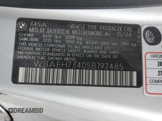 2005 BMW 6 Series 645Ci with VIN WBAEH73405B192485, listed as a Copart auction lot 86522304 with 75,579 mi miles and Salvage Title. Bid and sale history available at carsss.com. Image 12.
