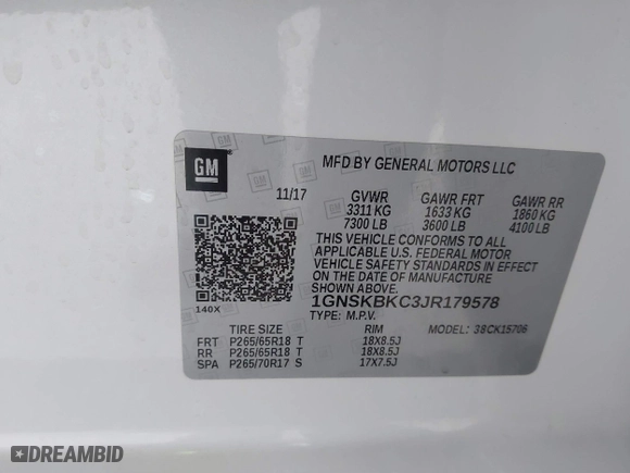 2018 Chevrolet Tahoe LT with VIN 1GNSKBKC3JR179578, listed as a IAAI auction lot 41491535 with 57,048 mi miles. Bid and sale history available at carsss.com. Image 9.