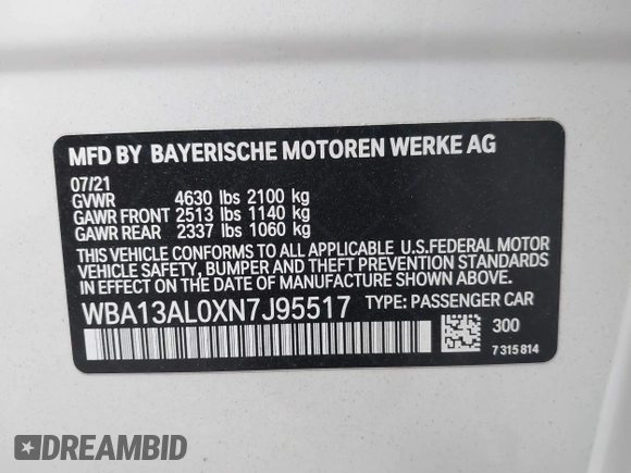 2022 BMW 2 Series M235i xDrive with VIN WBA13AL0XN7J95517, listed as a IAAI auction lot 42682823 with 16,069 mi miles and . Bid and sale history available at DreamBid. Image 9.
