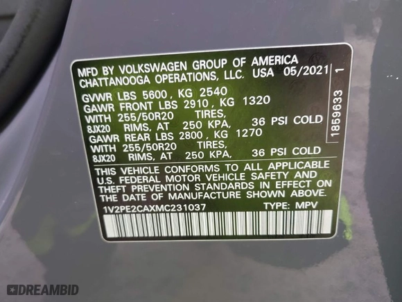 2021 Volkswagen Atlas Cross Sport 3.6L V6 SE w/Technology R-Line with VIN 1V2PE2CAXMC231037, listed as a IAAI auction lot 41380581 with 40,889 mi miles. Bid and sale history available at carsss.com. Image 9.
