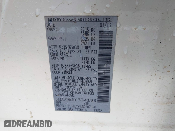 2013 Infiniti JX35 with VIN 5N1AL0MM5DC334193, listed as a IAAI auction lot 41459014 with Not Provided miles and . Bid and sale history available at DreamBid. Image 9.