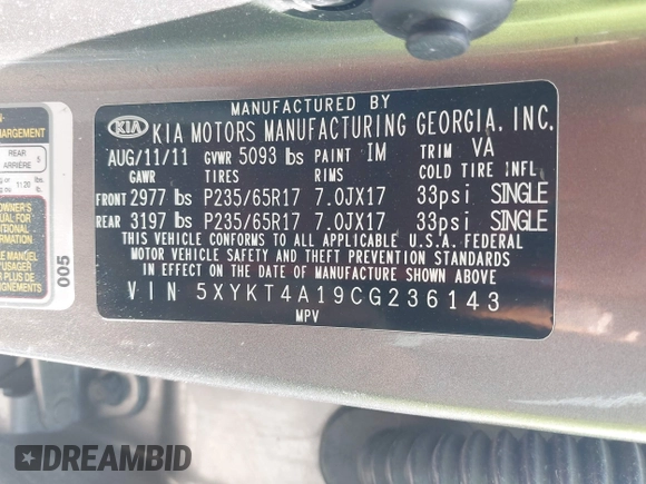 2012 Kia Sorento LX with VIN 5XYKT4A19CG236143, listed as a IAAI auction lot 42027173 with 177,148 mi miles. Bid and sale history available at carsss.com. Image 9.