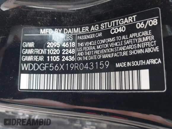 2009 Mercedes-Benz C-Class 3.5L Sport with VIN WDDGF56X19R043159, listed as a IAAI auction lot 41910010 with 173,817 mi miles. Bid and sale history available at carsss.com. Image 9.