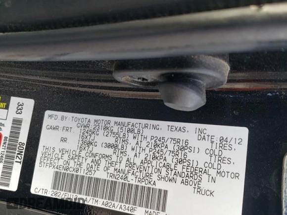 2012 Toyota Tacoma with VIN 5TFPX4EN0CX011257, listed as a Copart auction lot 44860215 with 176,961 mi miles and Salvage Title. Bid and sale history available at DreamBid. Image 14.