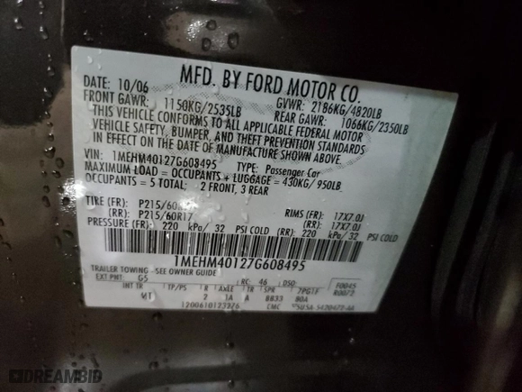 2007 Mercury Montego with VIN 1MEHM40127G608495, listed as a Copart auction lot 41910015 with 137,025 mi miles and Salvage Title. Bid and sale history available at carsss.com. Image 12.