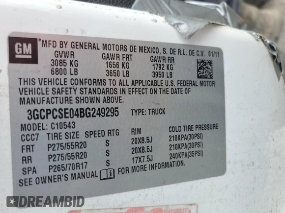 2011 Chevrolet Silverado 1500 LT with VIN 3GCPCSE04BG249295, listed as a Copart auction lot 49554345 with 242,938 mi miles and Salvage Title. Bid and sale history available at DreamBid. Image 12.