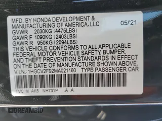 2021 Honda Accord Touring with VIN 1HGCV2F92MA021160, listed as a Copart auction lot 58254135 with 40,271 mi miles and Salvage title. Bid and sale history available at DreamBid. Image 12.
