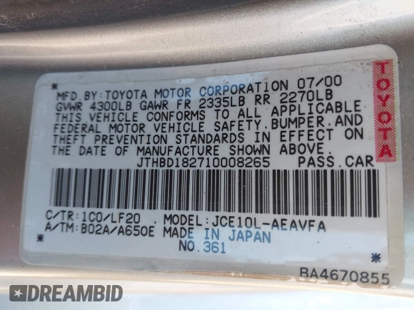 2001 Lexus IS 300/350 with VIN JTHBD182710008265, listed as a IAAI auction lot 41245465 with 80,264 mi miles and . Bid and sale history available at DreamBid. Image 9.