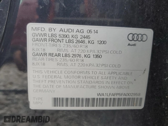 2015 Audi Q5 Premium Plus with VIN WA1LFAFP5FA002958, listed as a Copart auction lot 52501115 with 122,102 mi miles and Clean Title. Bid and sale history available at carsss.com. Image 13.