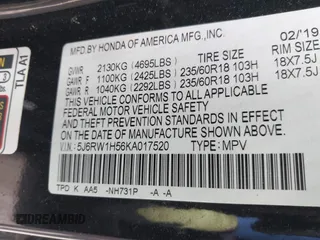 2019 Honda CR-V EX with VIN 5J6RW1H56KA017520, listed as a IAAI auction lot 41722415 with 111,831 mi miles. Bid and sale history available at carsss.com. Image 9.