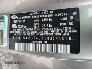 2017 Kia Optima LX with VIN 5XXGT4L31HG141026, listed as a Copart auction lot 50890795 with 62,347 mi miles and Salvage Title. Bid and sale history available at carsss.com. Image 12.