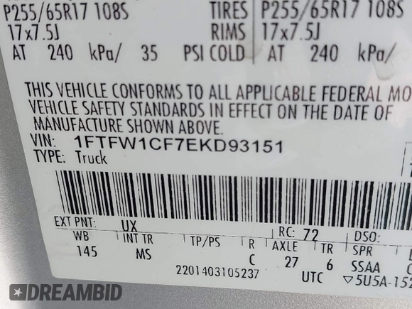 2014 Ford F-150 XL with VIN 1FTFW1CF7EKD93151, listed as a IAAI auction lot 42329436 with 155,615 mi miles and . Bid and sale history available at DreamBid. Image 9.