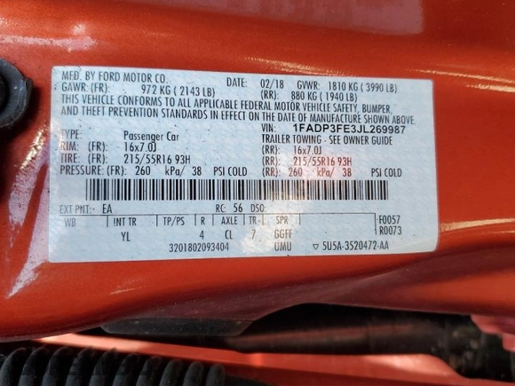 2018 Ford Focus SE with VIN 1FADP3FE3JL269987, listed as a Copart auction lot 48895035 with 109,463 mi miles and Salvage Title. Bid and sale history available at carsss.com. Image 13.
