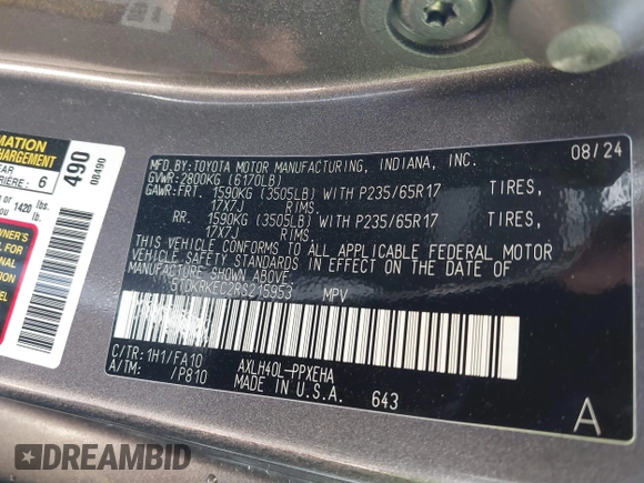 2024 Toyota Sienna LE with VIN 5TDKRKEC2RS215953, listed as a IAAI auction lot 41889509 with 6,375 mi miles. Bid and sale history available at carsss.com. Image 9.
