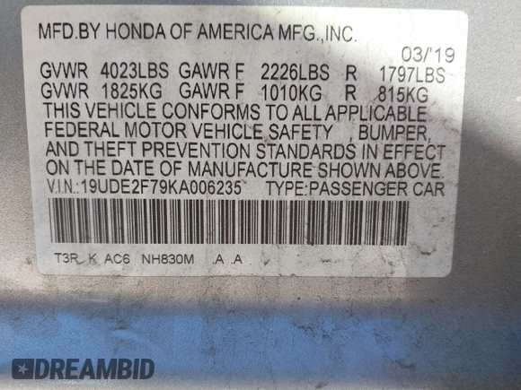 2019 Acura ILX Premium with VIN 19UDE2F79KA006235, listed as a IAAI auction lot 41414443 with 46,266 mi miles and . Bid and sale history available at DreamBid. Image 9.