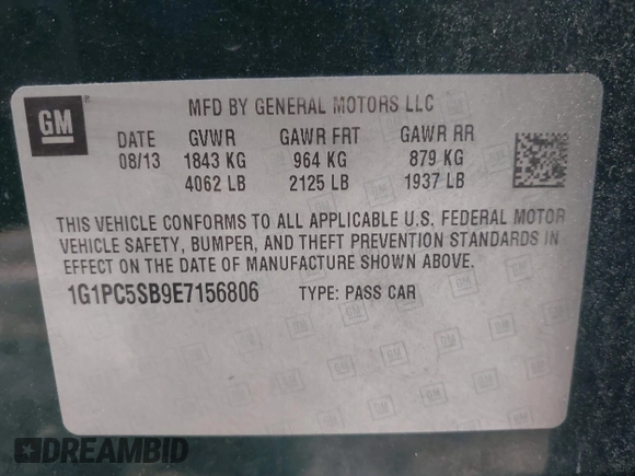 2014 Chevrolet Cruze 1LT with VIN 1G1PC5SB9E7156806, listed as a IAAI auction lot 42813826 with 140,573 mi miles and . Bid and sale history available at DreamBid. Image 9.