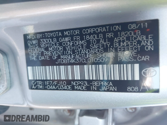 2012 Toyota Yaris with VIN JTDBT4K37CL010509, listed as a IAAI auction lot 41802030 with 178,632 mi miles and . Bid and sale history available at DreamBid. Image 9.
