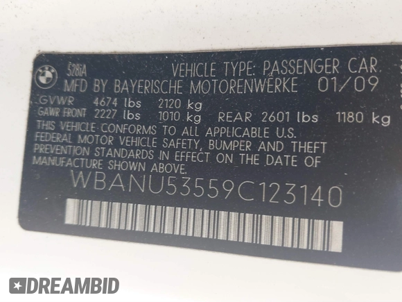 2009 BMW 5 Series 528i with VIN WBANU53559C123140, listed as a IAAI auction lot 41485181 with 247,361 mi miles and . Bid and sale history available at carsss.com. Image 9.