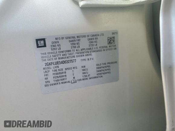 2013 GMC Terrain SLT with VIN 2GKFLUE34D6327577, listed as a Copart auction lot 53318385 with 76,838 mi miles and Non Repairable. Bid and sale history available at carsss.com. Image 13.