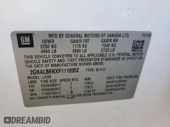 2015 Chevrolet Equinox LT with VIN 2GNALBEKXF1118952, listed as a Copart auction lot 82296554 with 124,274 mi miles and Salvage Title. Bid and sale history available at carsss.com. Image 13.