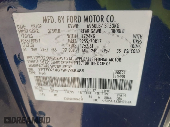 2009 Ford F-150 STX with VIN 1FTRX14879FA85485, listed as a IAAI auction lot 42638048 with 204,967 mi miles and . Bid and sale history available at DreamBid. Image 9.