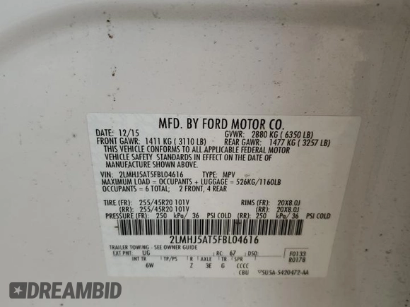 2015 Lincoln MKT EcoBoost with VIN 2LMHJ5AT5FBL04616, listed as a Copart auction lot 49819275 with 93,591 mi miles and Salvage Title. Bid and sale history available at DreamBid. Image 14.