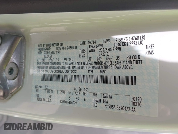 2014 Ford Escape SE with VIN 1FMCU9GX6EUD51032, listed as a IAAI auction lot 42206659 with 131,438 mi miles and . Bid and sale history available at DreamBid. Image 9.