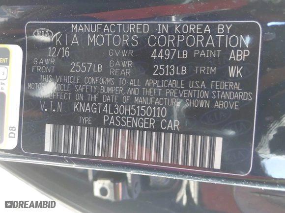 2017 Kia Optima LX with VIN KNAGT4L30H5150110, listed as a IAAI auction lot 41854437 with 25,061 mi miles. Bid and sale history available at carsss.com. Image 9.