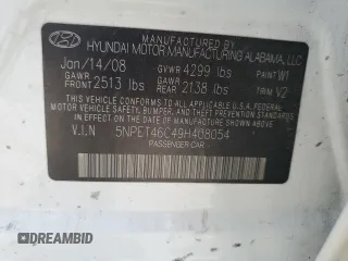 2009 Hyundai Sonata GLS with VIN 5NPET46C49H408054, listed as a Copart auction lot 58868105 with 215,171 mi miles and Salvage title. Bid and sale history available at DreamBid. Image 12.