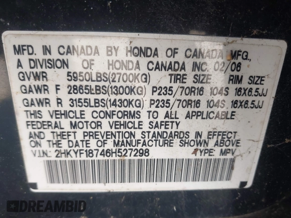 2006 Honda Pilot EX-L with VIN 2HKYF18746H527298, listed as a IAAI auction lot 41941429 with 153,482 mi miles and . Bid and sale history available at DreamBid. Image 9.