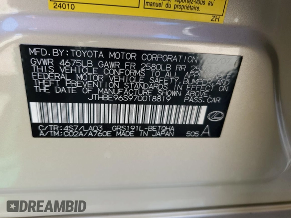 2007 Lexus GS 350 with VIN JTHBE96S970018819, listed as a Copart auction lot 73711404 with 89,603 mi miles and Salvage Title. Bid and sale history available at carsss.com. Image 14.