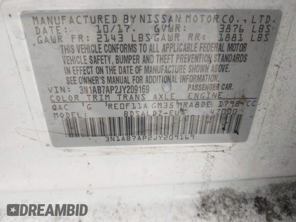 2018 Nissan Sentra S with VIN 3N1AB7AP2JY209169, listed as a IAAI auction lot 41942284 with 123,028 mi miles and . Bid and sale history available at DreamBid. Image 9.