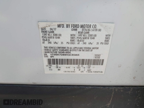 2017 Ford Explorer XLT with VIN 1FM5K7D89HGC85465, listed as a IAAI auction lot 42151342 with Not provided miles and . Bid and sale history available at DreamBid. Image 9.