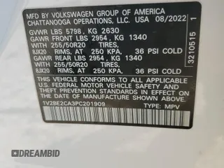 2023 Volkswagen Atlas SEL with VIN 1V2BE2CA3PC201909, listed as a Copart auction lot 41765725 with 41,315 mi miles and Salvage title. Bid and sale history available at DreamBid. Image 15.