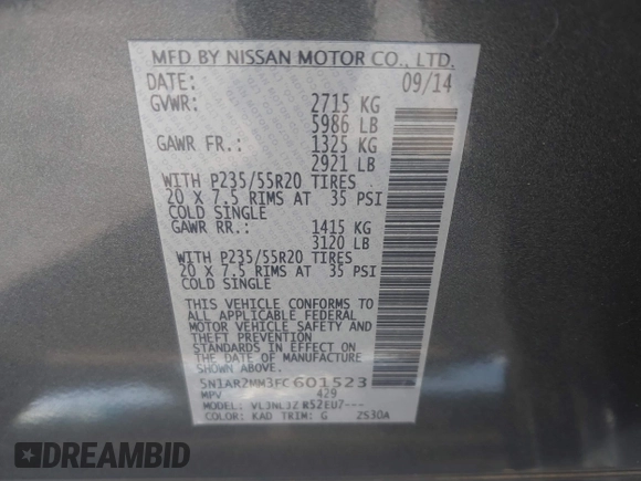 2015 Nissan Pathfinder SL with VIN 5N1AR2MM3FC601523, listed as a IAAI auction lot 42782702 with 166,956 mi miles and . Bid and sale history available at DreamBid. Image 9.