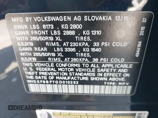 2016 Volkswagen Touareg Sport with VIN WVGEF9BP7GD010252, listed as a IAAI auction lot 42465165 with Not provided miles and . Bid and sale history available at DreamBid. Image 9.