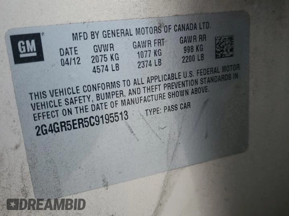 2012 Buick Regal with VIN 2G4GR5ER5C9195513, listed as a Copart auction lot 52303845 with 149,400 mi miles and Salvage title. Bid and sale history available at DreamBid. Image 15.