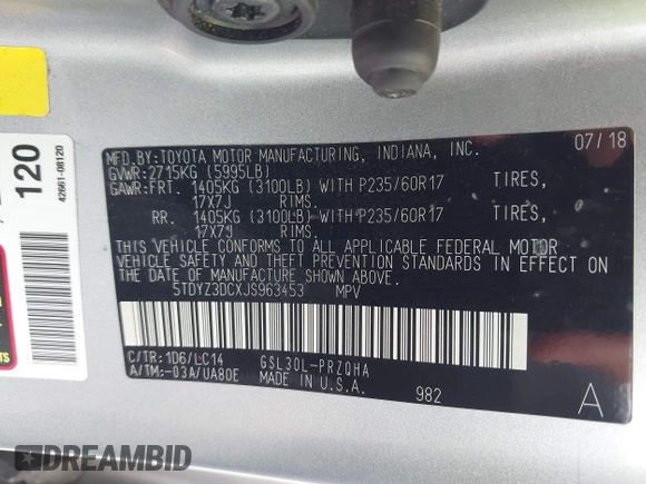 2018 Toyota Sienna XLE Auto Access Seat с VIN 5TDYZ3DCXJS963453, выставлен на аукционе IAAI как лот 42131708 с пробегом 71 891 миль миль и . История ставок и продаж доступна на DreamBid. Изображение 9.