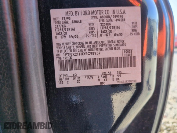 1999 Ford F-250 XL with VIN 1FTNX21FXXEC98957, listed as a Copart auction lot 61476665 with 414,070 mi miles and Salvage title. Bid and sale history available at DreamBid. Image 12.