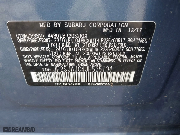 2018 Subaru Forester Limited with VIN JF2SJAJC4JH525104, listed as a IAAI auction lot 42018479 with 97,843 mi miles. Bid and sale history available at carsss.com. Image 9.