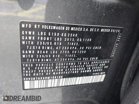 2024 Volkswagen Tiguan SE z VIN 3VV3B7AX9RM196186, wystawiony jako IAAI lot #42769059 z przebiegiem 16 258 mil mil oraz . Historia ofert i sprzedaży dostępna na DreamBid. Obrazek 9.