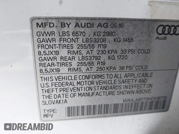2017 Audi Q7 Premium Plus with VIN WA1LABF73HD018713, listed as a IAAI auction lot 41492243 with 112,928 mi miles. Bid and sale history available at carsss.com. Image 9.